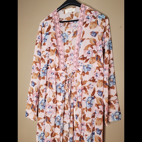 Lightweight boho floral lace trim self tie long kimono duster cardigan jacket - Picture 15 of 15